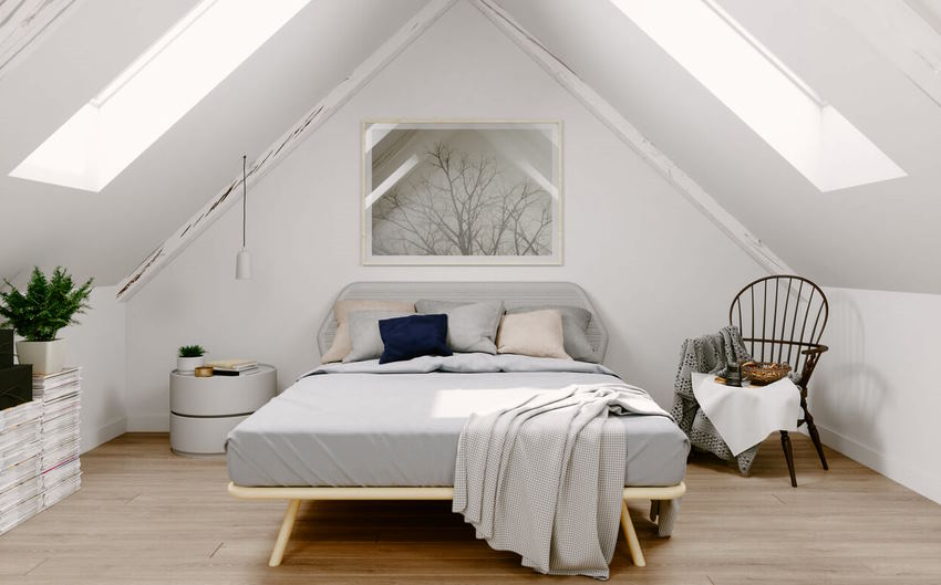 low-ceilinged attic bedroom